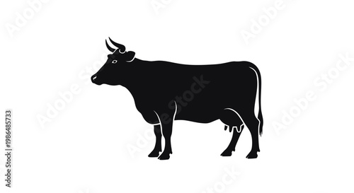 Elegant Black Silhouette Illustration of a Domestic Cow Standing Calmly, Representing Agriculture, Livestock, and Dairy Farming Concepts