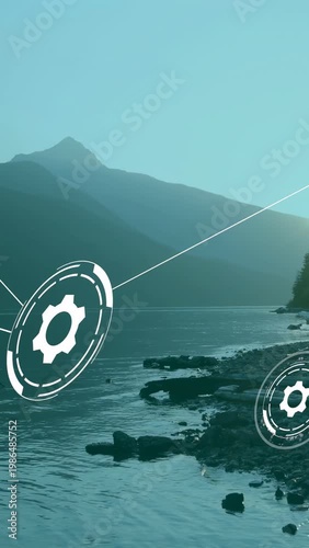 Vertical video: Large gear rotating in from left sending lines, gears, forming tech network on lake