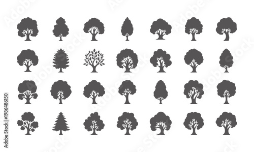 Collection of dark grey tree silhouettes white nature plant organic