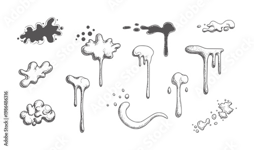 Hand drawn ink splashes and drips white liquid fluid