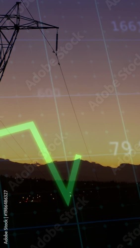Grid data activating neon line graph peaking, settling over dusk ridge, tower left monitoring load