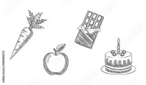 Hand drawn of carrot apple chocolate bar and birthday cake