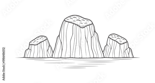Three textured rock formations rise from calm water in a simple line island nature