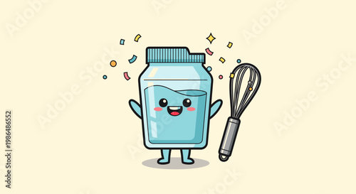 Cute cartoon milk carton mascot with whisk.