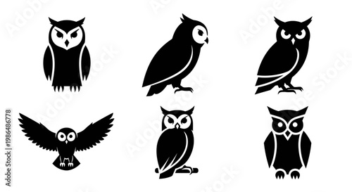 A collection of captivating black owl silhouette illustrations showcasing various poses and styles, ideal for graphic design elements and wildlife-themed projects