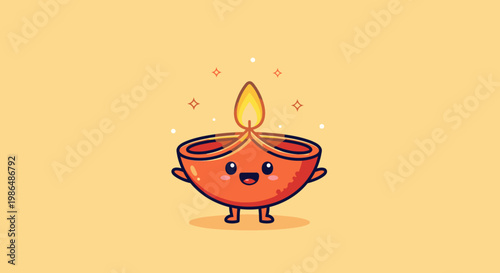 Cute Cartoon Oil Lamp with Happy Face and Flame.