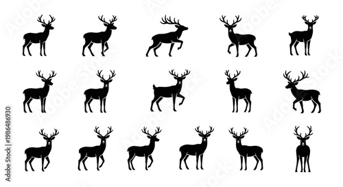 Collection of Silhouette Deer and Stags in Various Poses and Movements, Capturing Their Grace and Majesty in a Stylized Artistic Representation
