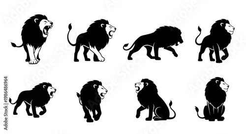 Collection of Silhouette Illustrations Depicting Lions in Various Poses and Actions, Showcasing Their Majestic Stance and Power