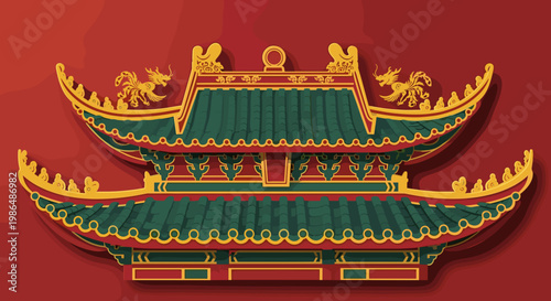 Intricate Chinese temple roof with vibrant green and gold detailing against a rich red background, showcasing traditional architectural elements and ornate dragon motifs