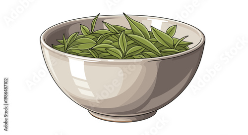 Illustration of fresh green tea leaves elegantly arranged in a smooth ceramic bowl, set against a simple white background