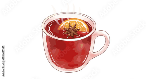 Steaming glass mug of mulled wine with aromatic spices and orange slice on white background, vivid illustration