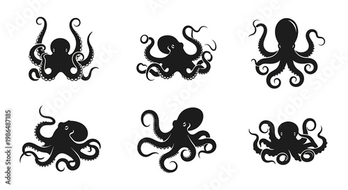Set of six different black octopus illustrations, ideal for nautical themes and marine life art