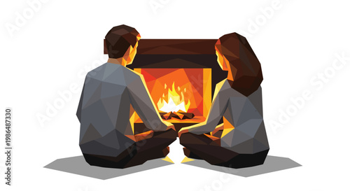 Geometric illustration of a couple sitting together by a warm fireplace, showcasing a cozy and intimate atmosphere with vibrant flames and minimalist design