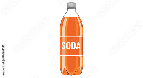 Illustration of a clear plastic bottle filled with vibrant orange soda, featuring bold white lettering, isolated on a clean white background