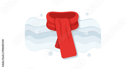 Vibrant red wool scarf draped elegantly against a snowy backdrop with delicate snowflakes, minimalist winter fashion illustration