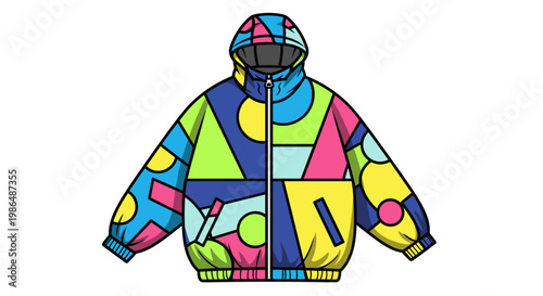 Colorful geometric patterned windbreaker with hood, featuring bold shapes and vibrant colors on a white background