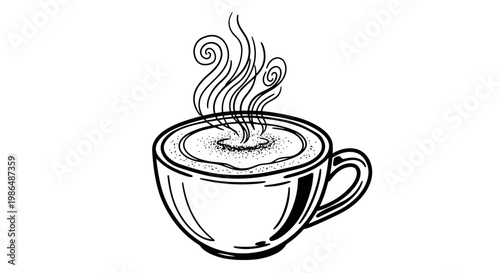 Artistic black and white illustration of a steaming cappuccino with a sprinkle of cinnamon in a classic cup, elegant swirls rising, on a white background