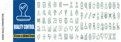 Set of seventy quality control and inspection process icons in editable vector stroke style
