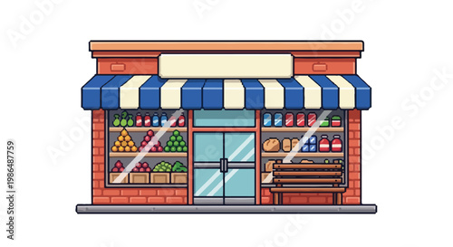 A charming vector illustration of a red brick grocery storefront featuring a blue striped awning, fresh produce displays, and a wooden bench.