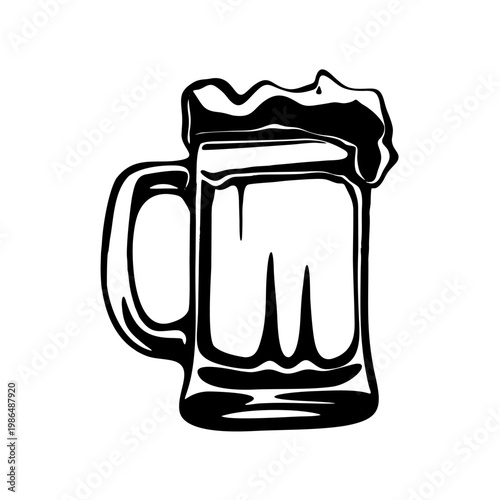 A full transparent glass and a gold mug of cold lager beer with thick white froth and foam are isolated on a dark background at a pub bar