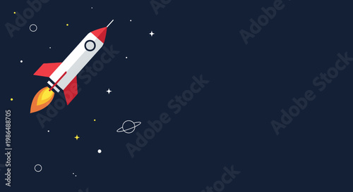 Cartoon Illustration of Rocket Spaceship Launching Into Outer Space with Stars