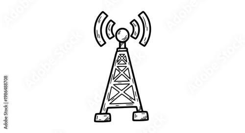 Doodle transmitter tower icon vector with hand drawn signal communication design isolated on white