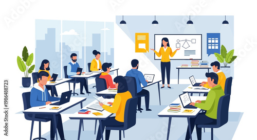 Flat Style Classroom With Teacher and Students Learning Illustration Scene