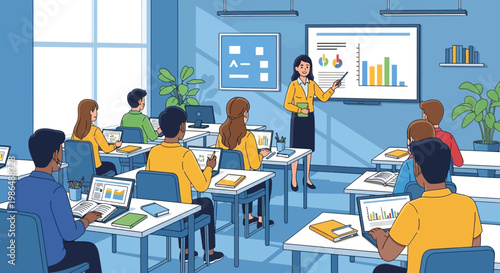 Modern Flat Design Classroom Scene with Students and Teacher Illustration