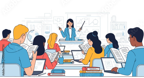 Clean Line Art Teacher Explaining Lesson to Students in Classroom Illustration