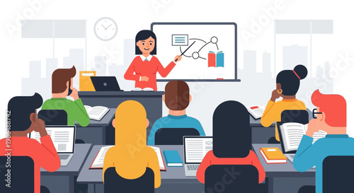 Flat Design Classroom Scene with Students, Teacher and Whiteboard Illustration