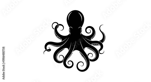 Black silhouette of an octopus with many tentacles, representing marine life and sea creatures