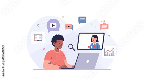 Flat Illustration Dark Skinned Man Studying Online with Laptop at Home