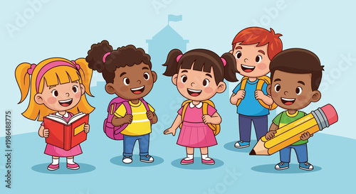 Cartoon Style Cheerful Students Illustration with Backpacks and School Items