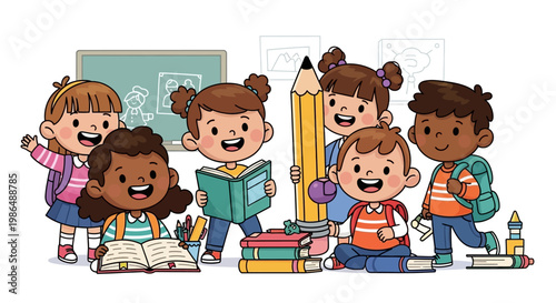 Cheerful Cartoon Diverse Students with Learning Object in Classroom Illustration