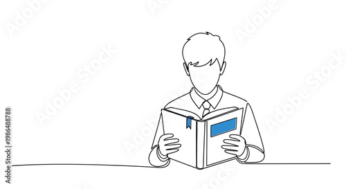 Minimalist Continuous Line Art Student Reading a Book Illustration
