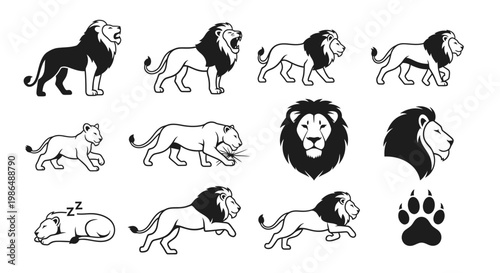 Set of stylized illustrations of lions and lion-related symbols, showcasing various poses and a paw print