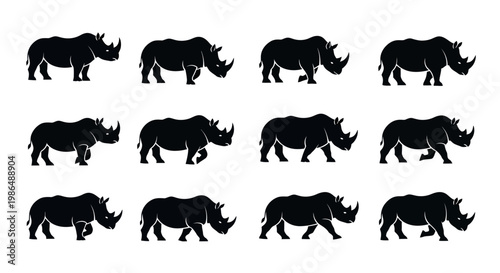 Collection of Silhouettes of Rhinoceroses in Different Poses for Graphic Design and Animation