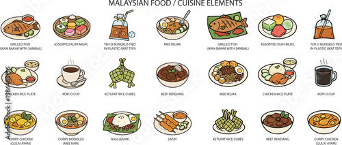 Malaysian Food Cuisine Traditional, Illustration Doodle Cartoon Collection 