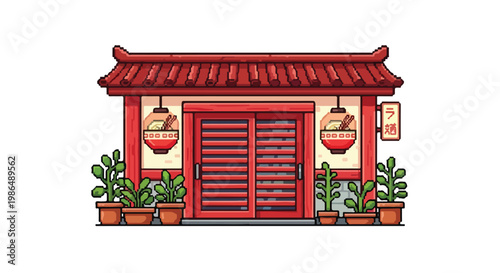 This pixel art illustration features a charming traditional Japanese ramen shop with a red tiled roof, sliding doors, and bowl-shaped lanterns.
