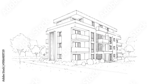 Architectural of a modern apartment building with balconies and trees