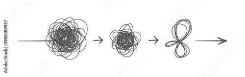 Tangled lines simplifying into a clear path with arrows abstract black chaos