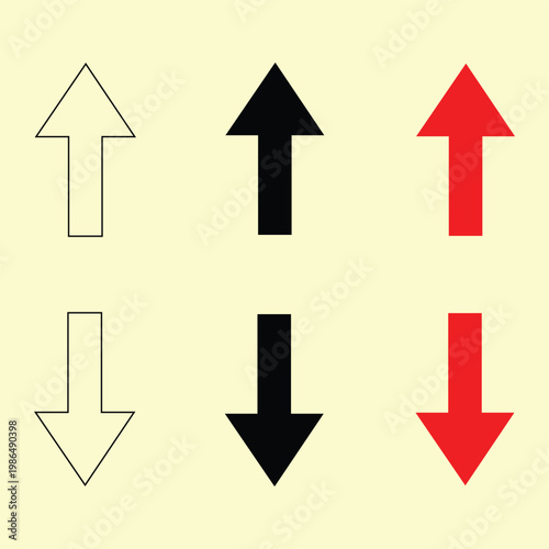 Set of red, black and white up and down arrows showing different directions with colorful vector design elements