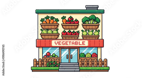 This pixel art vector illustration depicts a charming two-story vegetable shop with balconies brimming with fresh produce and a clear "VEGETABLE" sign.