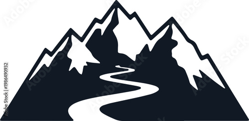 A black silhouette of a mountain range with a winding road