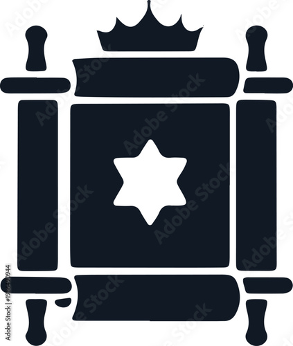 Black silhouette of a torah scroll with a star