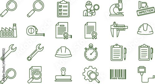 Green line icons of various inspection and quality control tools