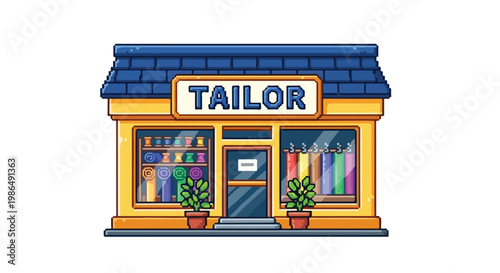 A colorful pixel art vector illustration of a charming tailor shop featuring fabric rolls and sewing supplies in its display windows.