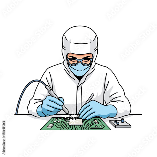 Technician in Cleanroom Suit Soldering Microchip on Circuit Board, Precision Electronics Assembly