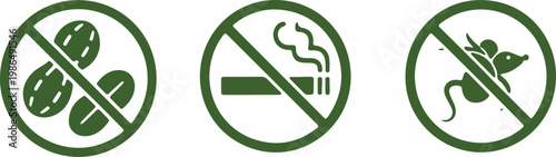 Vector graphic of three no signs for food smoking and rodents