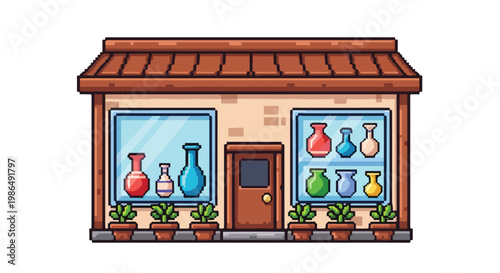 A vibrant pixel art vector showcases a cozy vase boutique storefront with large display windows and decorative potted plants along the base.